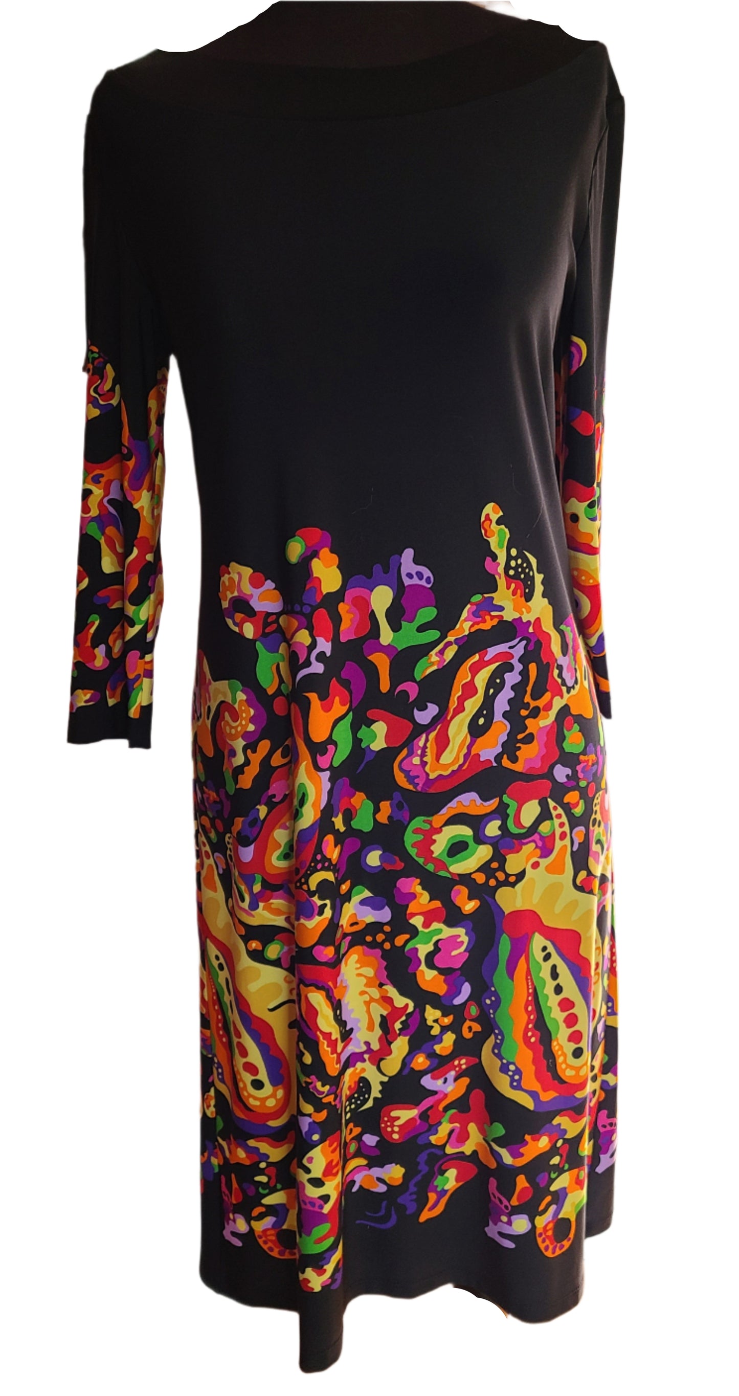 A vintage-style black dress with a colorful, psychedelic print featuring various geometric shapes and patterns displayed on a mannequin.