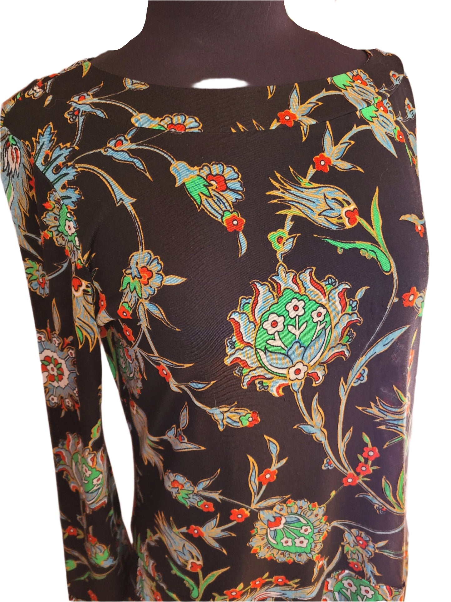 Vintage | Nieves Lavi Drop Waist Print on Black Dress | Size M