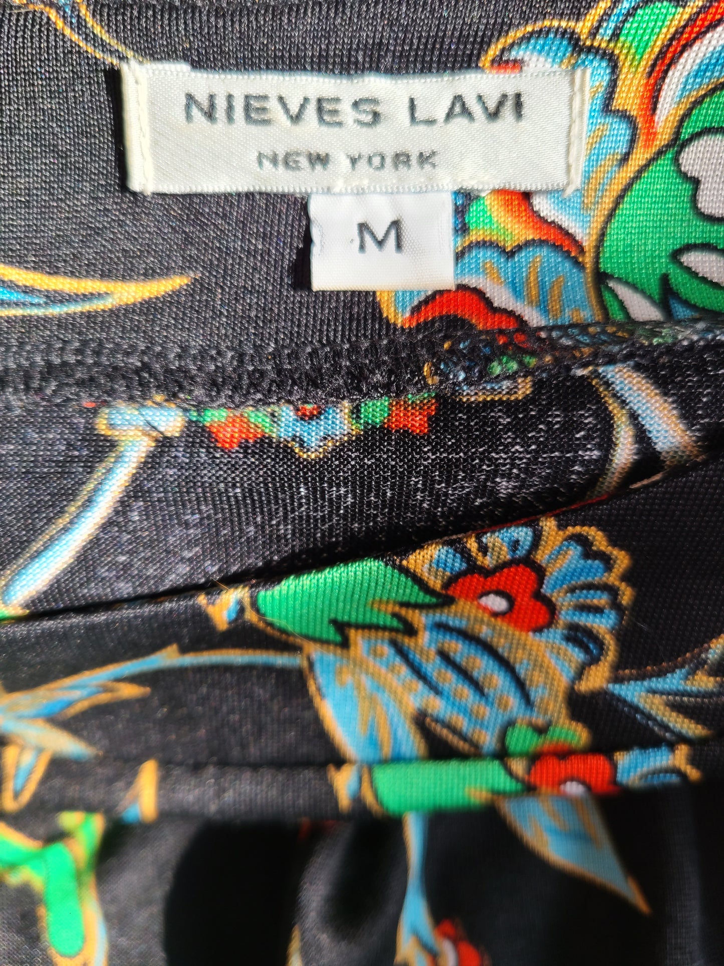 Vintage | Nieves Lavi Drop Waist Print on Black Dress | Size M