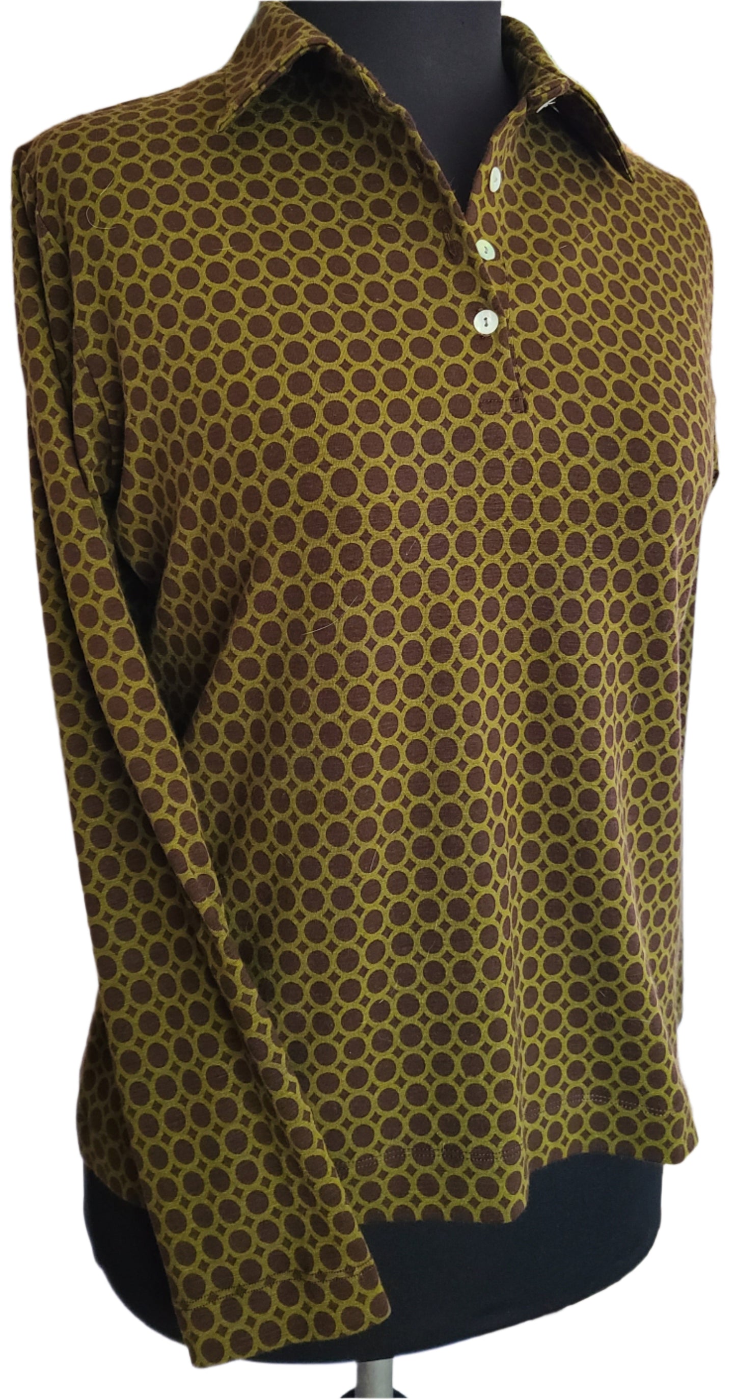 VINTAGE | Retro Print Long Sleeve Polo Blouse | Size S
