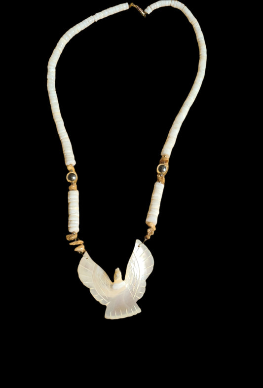 Boho Mother of Pearl Carved Dove Necklace