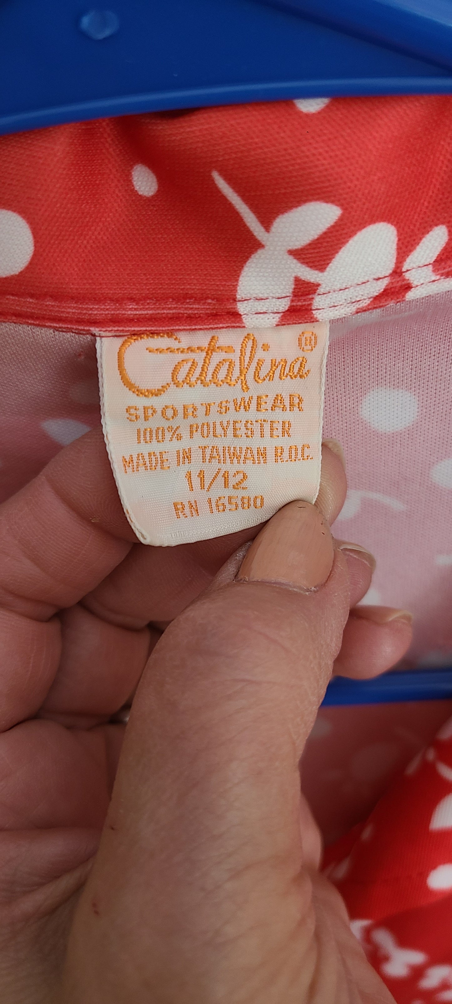 VINTAGE Red and White Print Polyester Blouse
