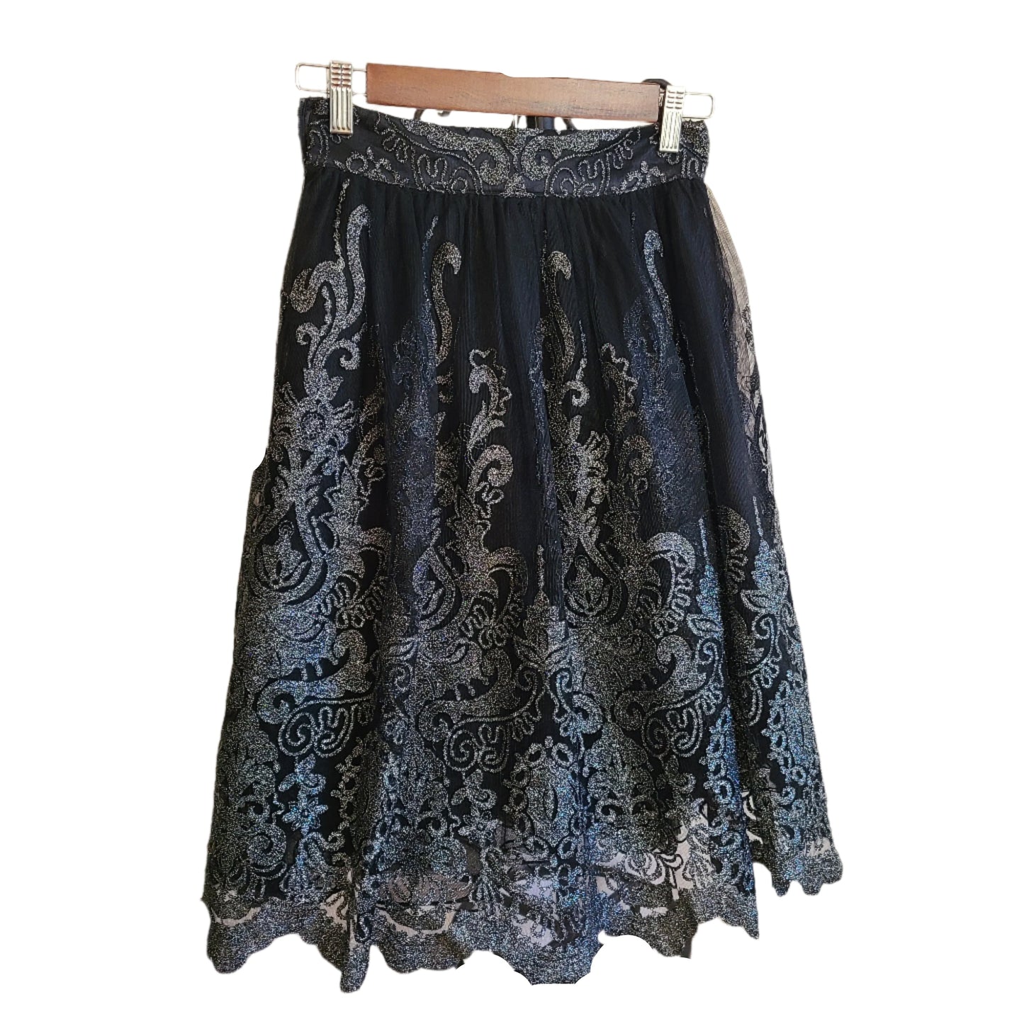 Chi Chi London Brand Lace and Tulle Skirt Black And Metallic Silver | Size 6