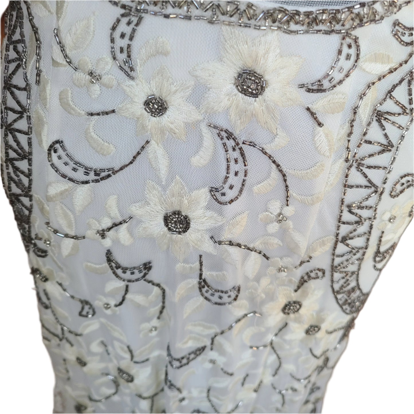 Close-up of embroidered lace fabric with floral patterns.