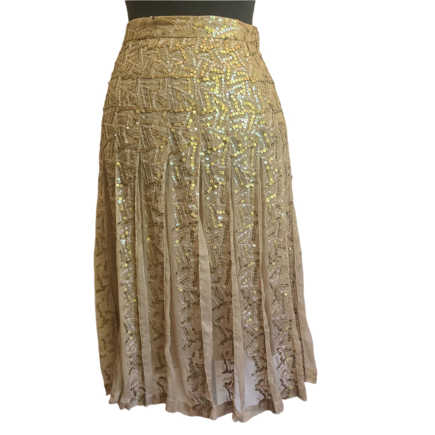 Gold sequin designer skirt on a sheer fabric