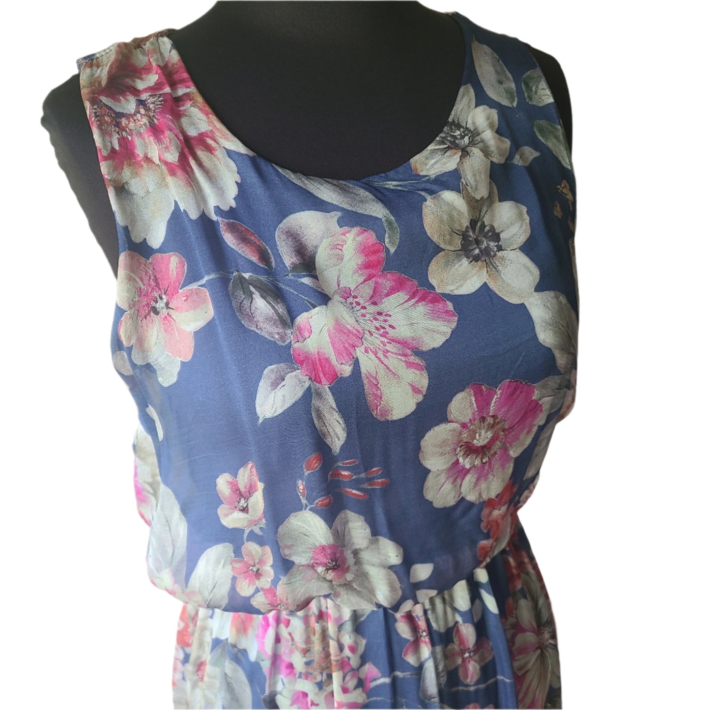 Lara G 100% Silk Blue Denim Floral Maxi Dress | Size S