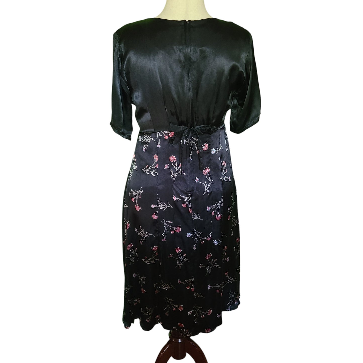 Black Satin Rayon 80s Tie Back Midi Dress | Size M