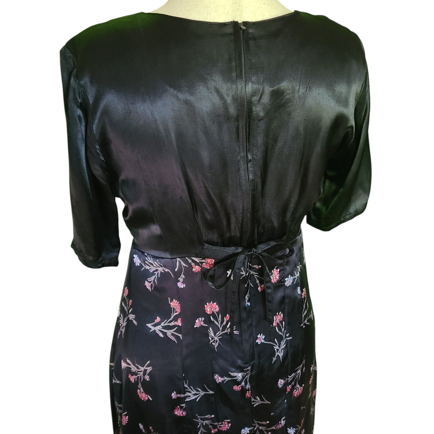 Black Satin Rayon 80s Tie Back Midi Dress | Size M