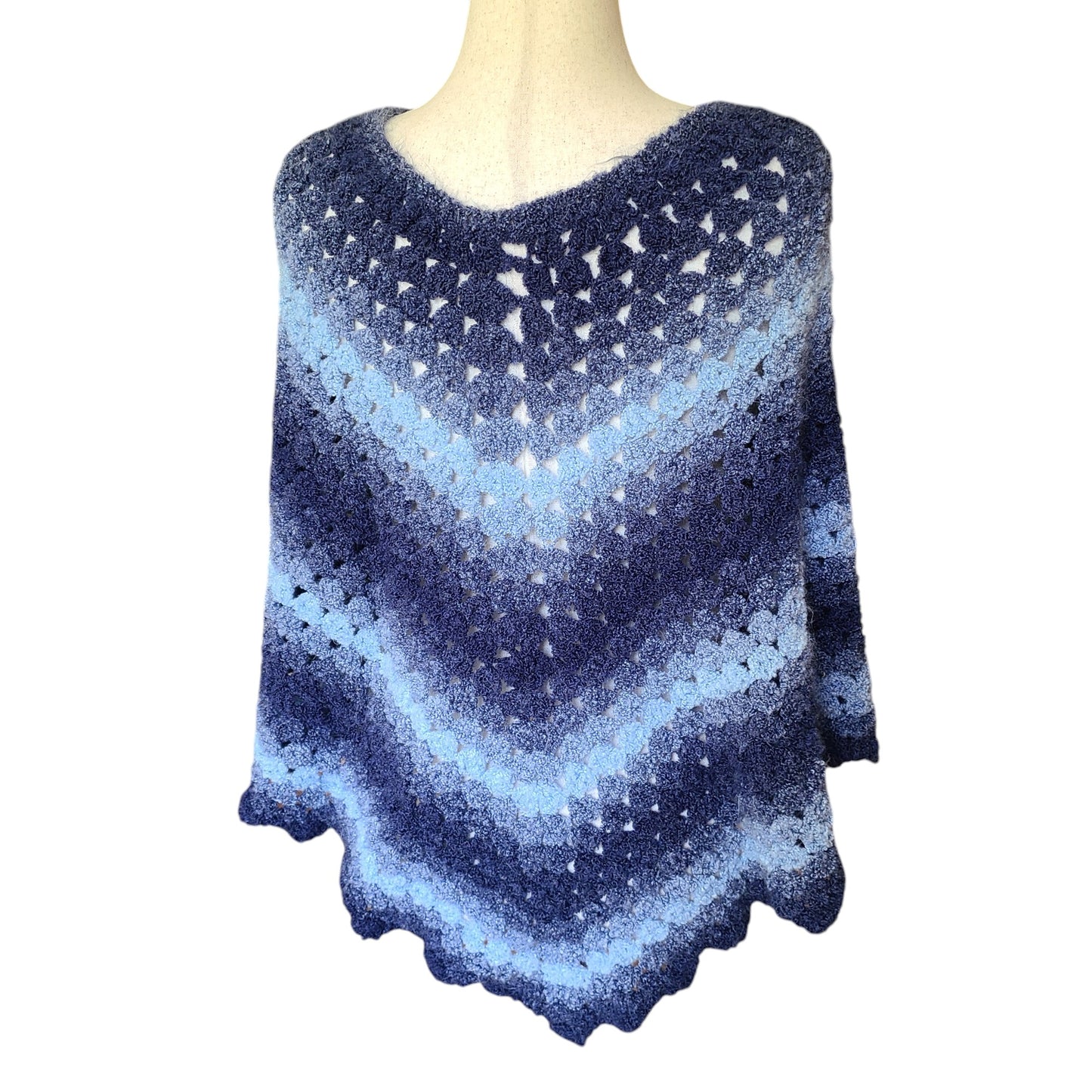 Vintage Hand Crocheted Blue Ombre Poncho | One Size