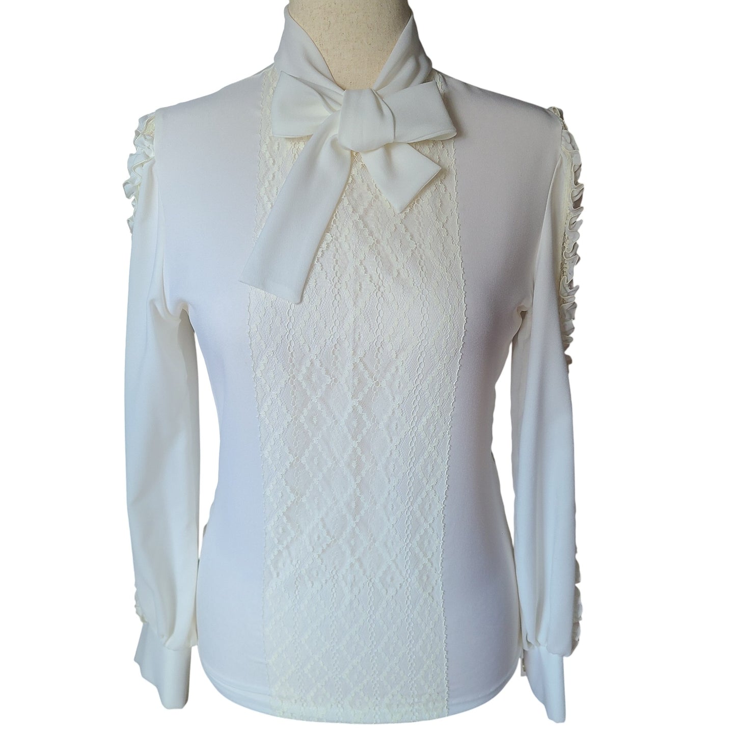 Lady Arrow 60s Pussycat Bow Lace Detail Blouse | Size Medium