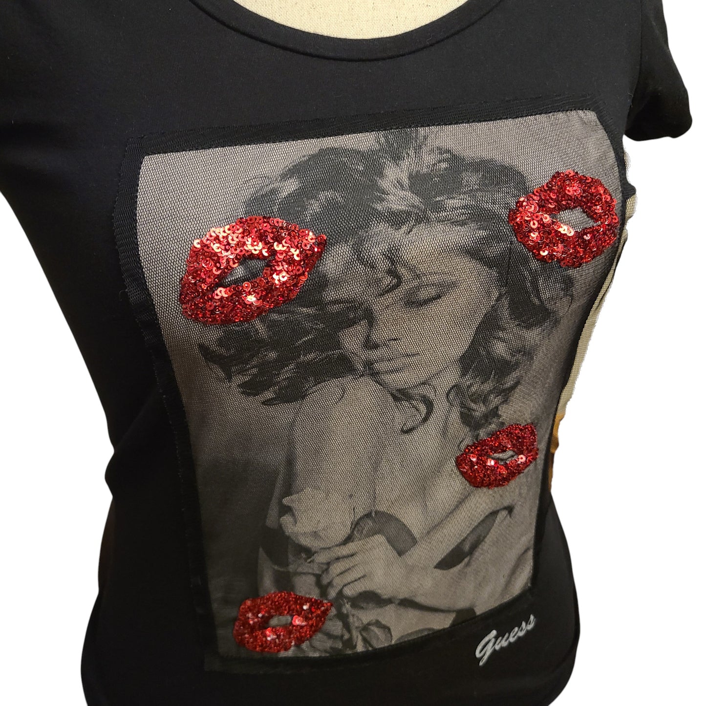 GUESS 00's Sequin Kiss Glamour Girl T-Shirt | Size Small