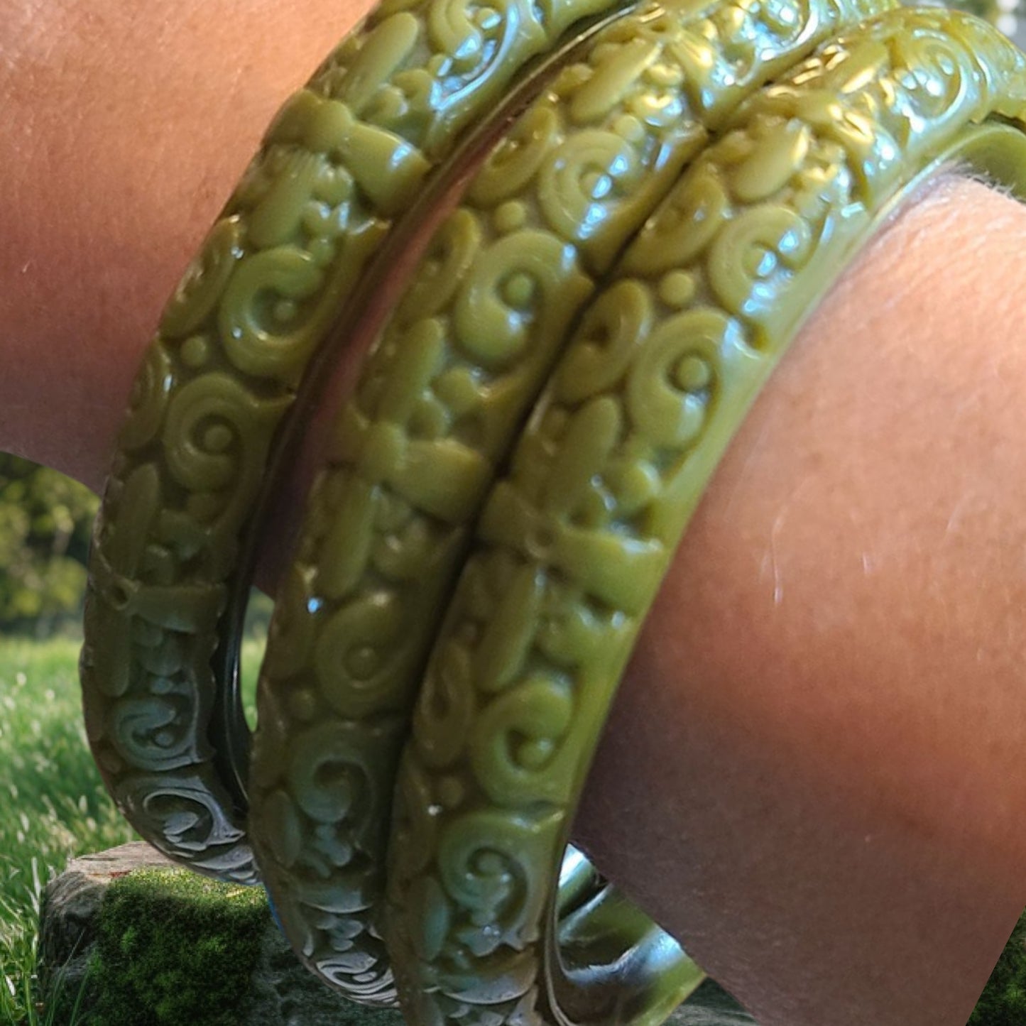 Olive Green Carved Bakelite Bangles | Set of Three