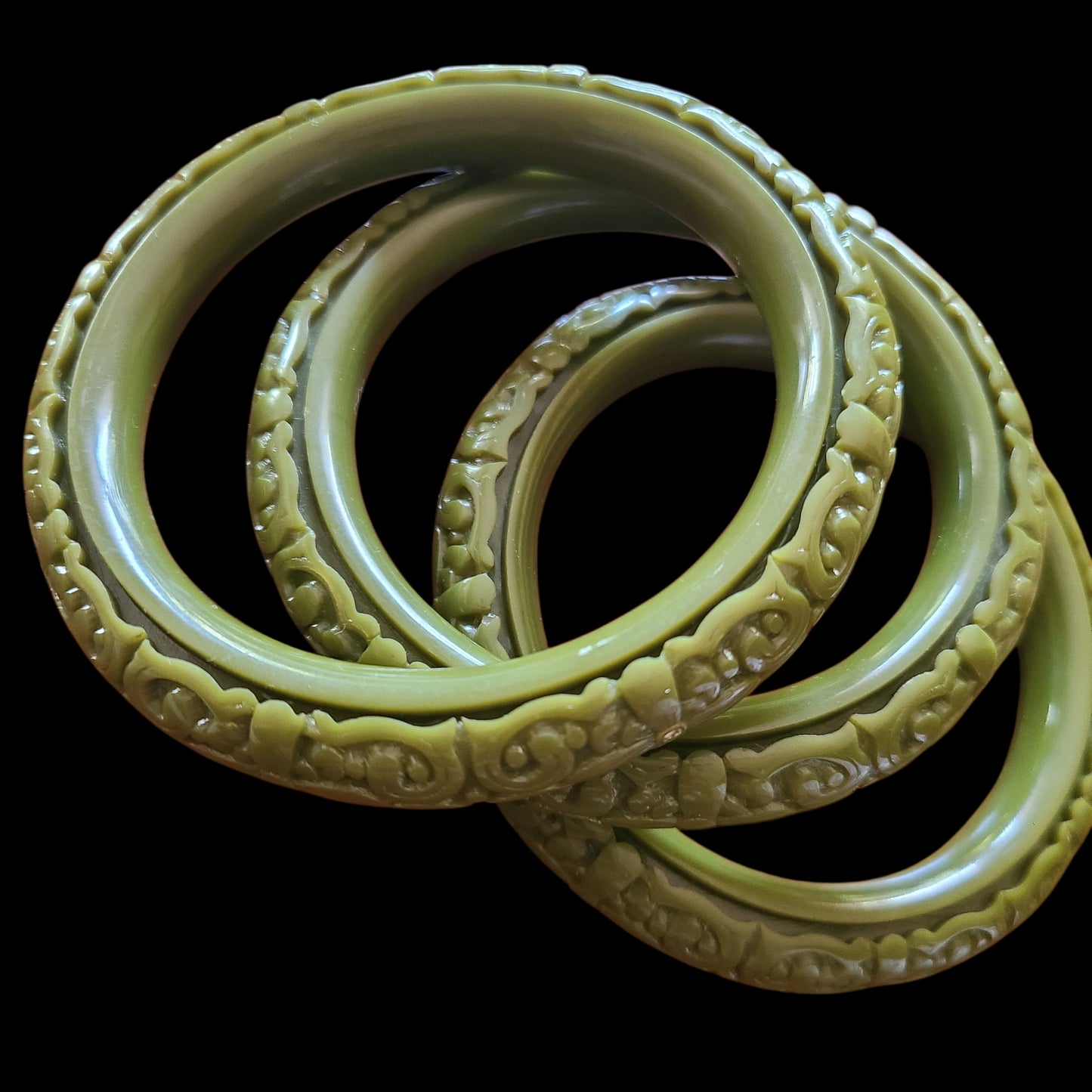 Olive Green Carved Bakelite Bangles | Set of Three