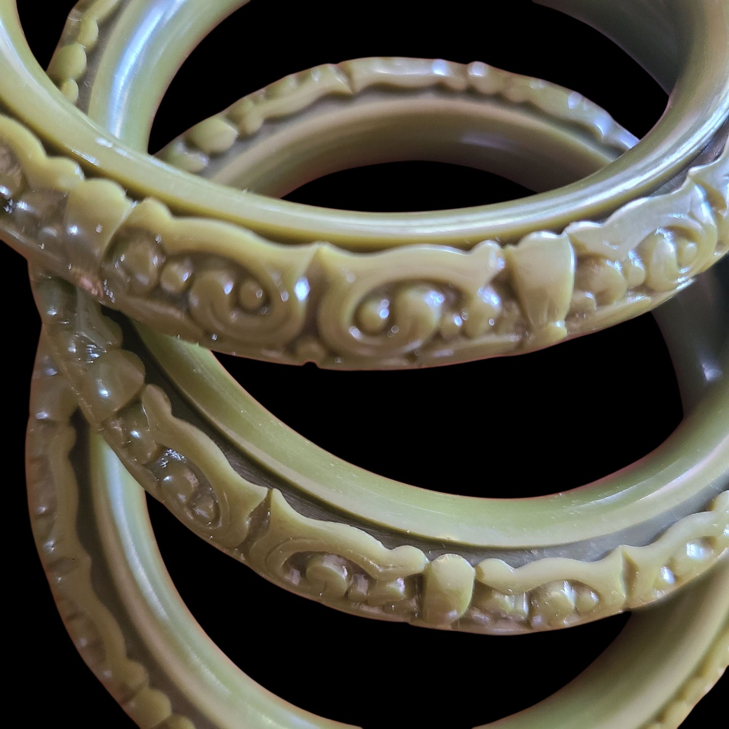 Olive Green Carved Bakelite Bangles | Set of Three