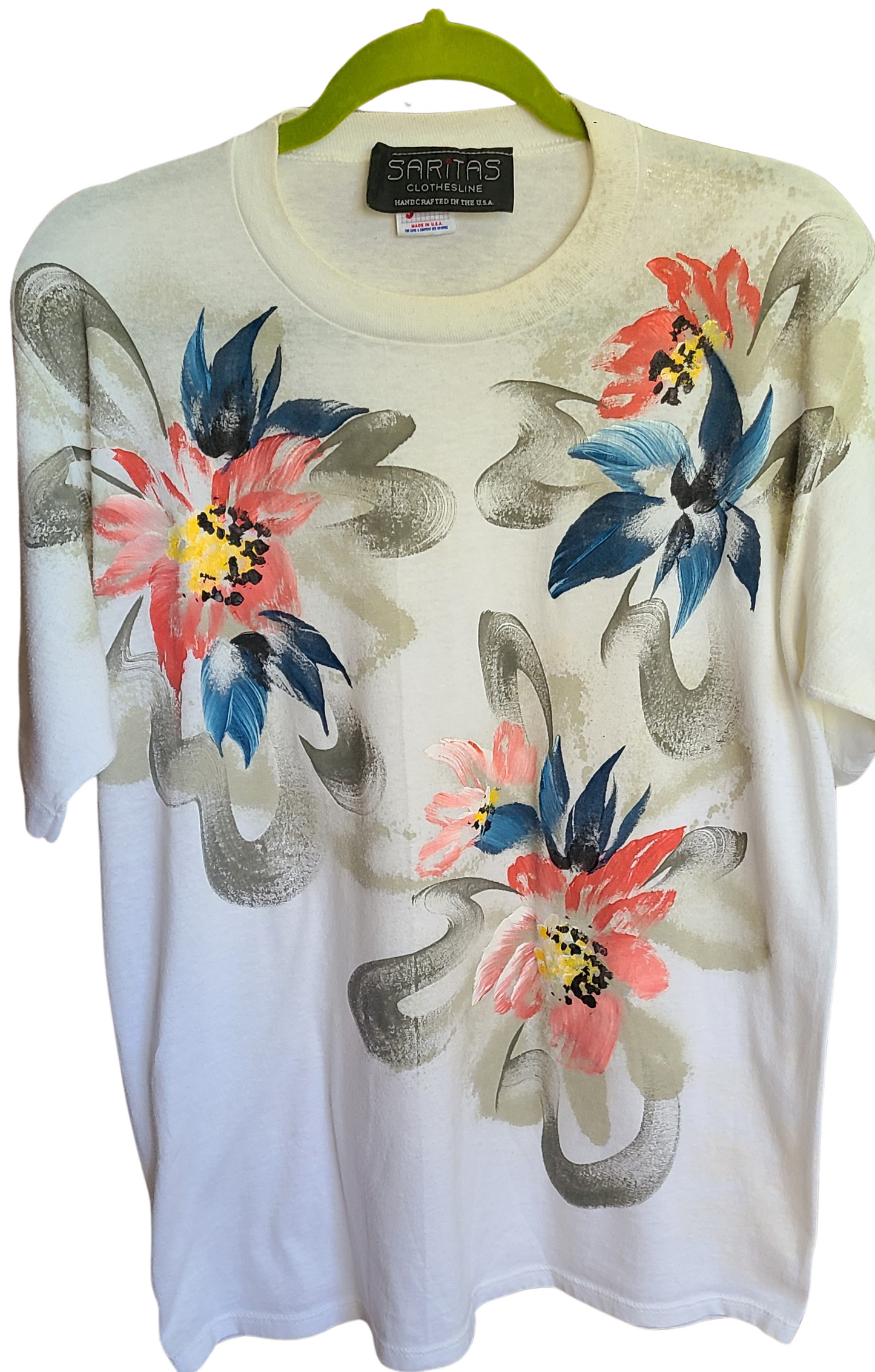 Hand Painted 80's Graphic Floral T-Shirt | Size XL