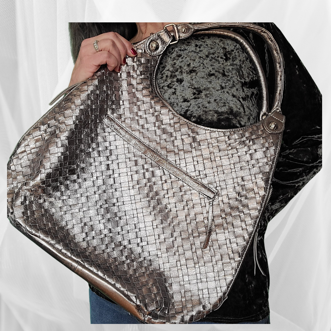 Elliott Lucca Brand Metallic Gold Woven Leather Hobo Shoulder Bag