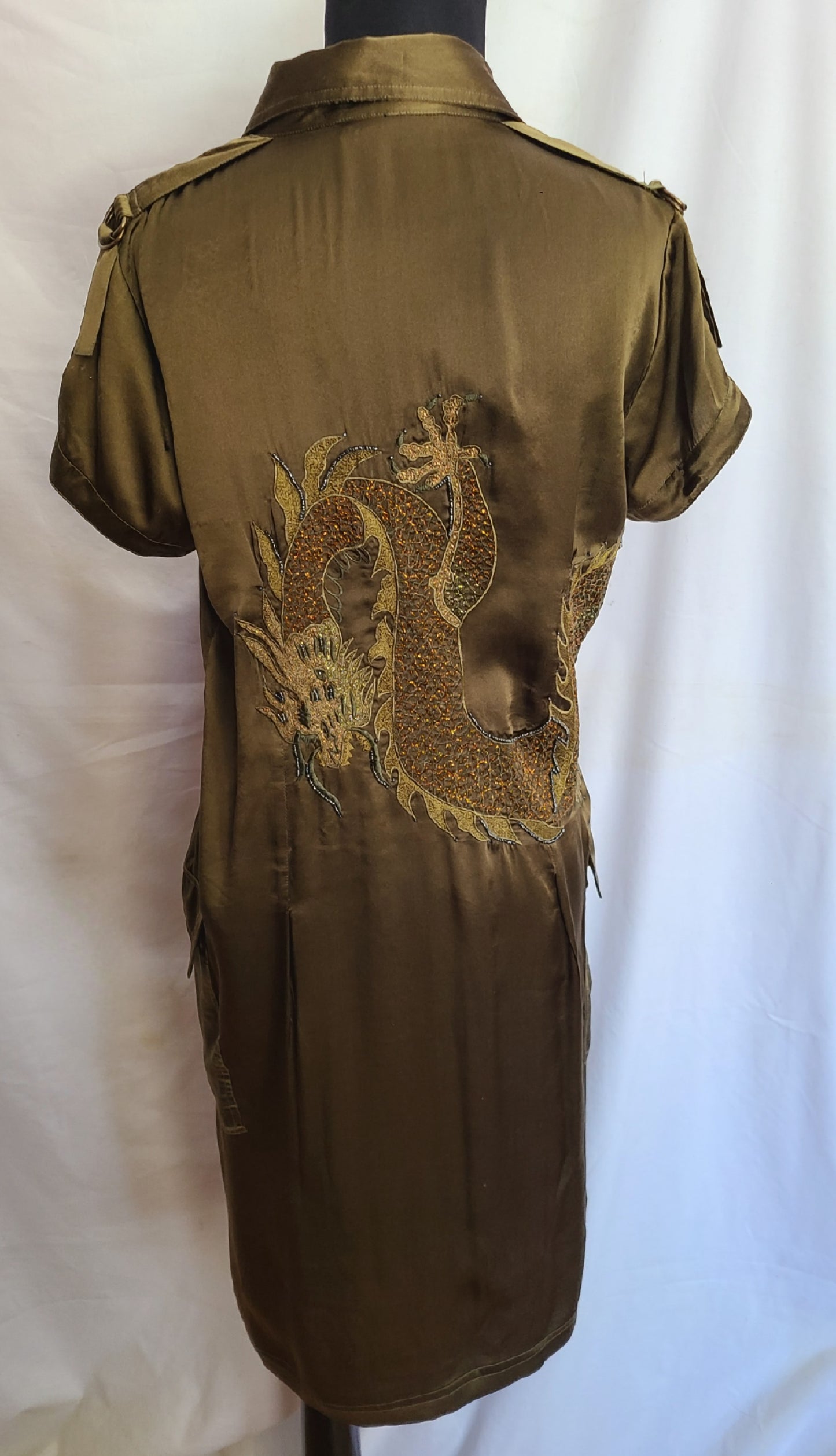 Arayal Olive Silk Beaded Embellished Dragon Detail Dress - EU Size 42 / US Size 8