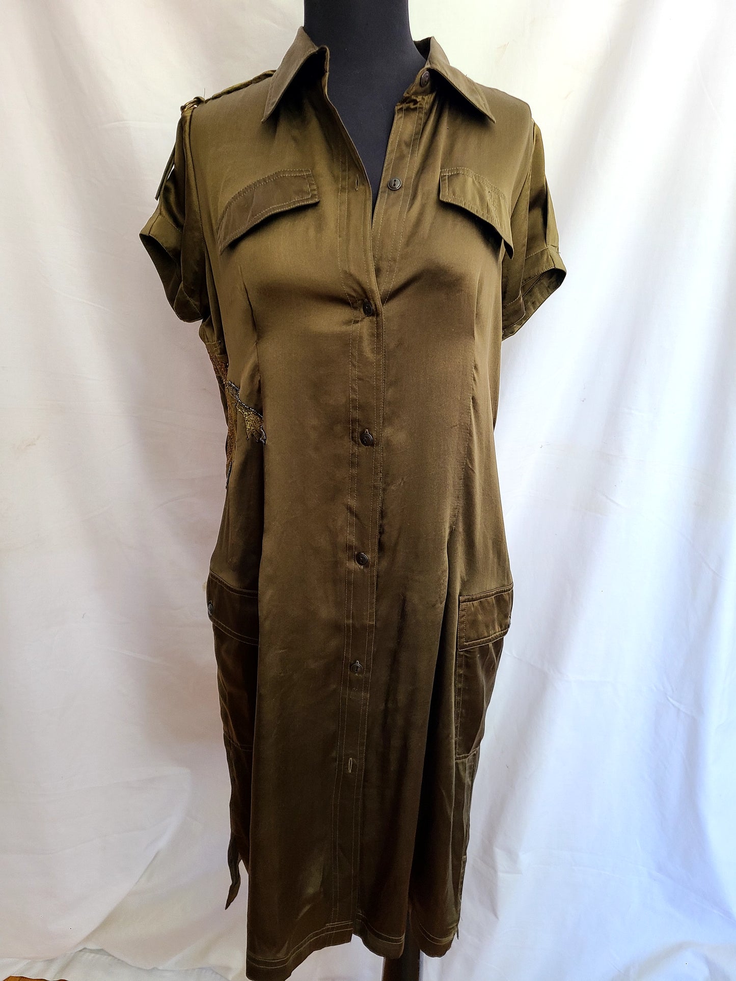 Arayal Olive Silk Beaded Embellished Dragon Detail Dress - EU Size 42 / US Size 8