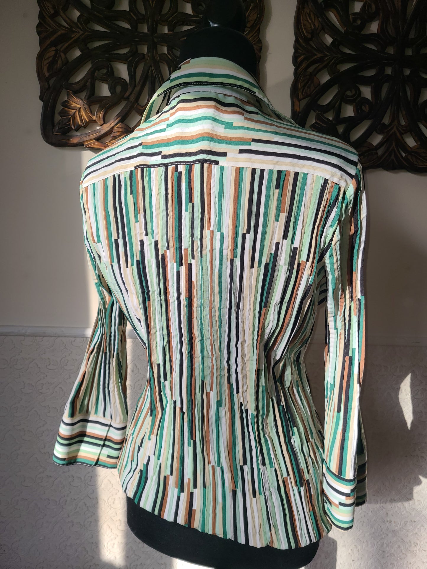 Vintage 90s Vertical Stripe Crinkle Blouse | Size Medium