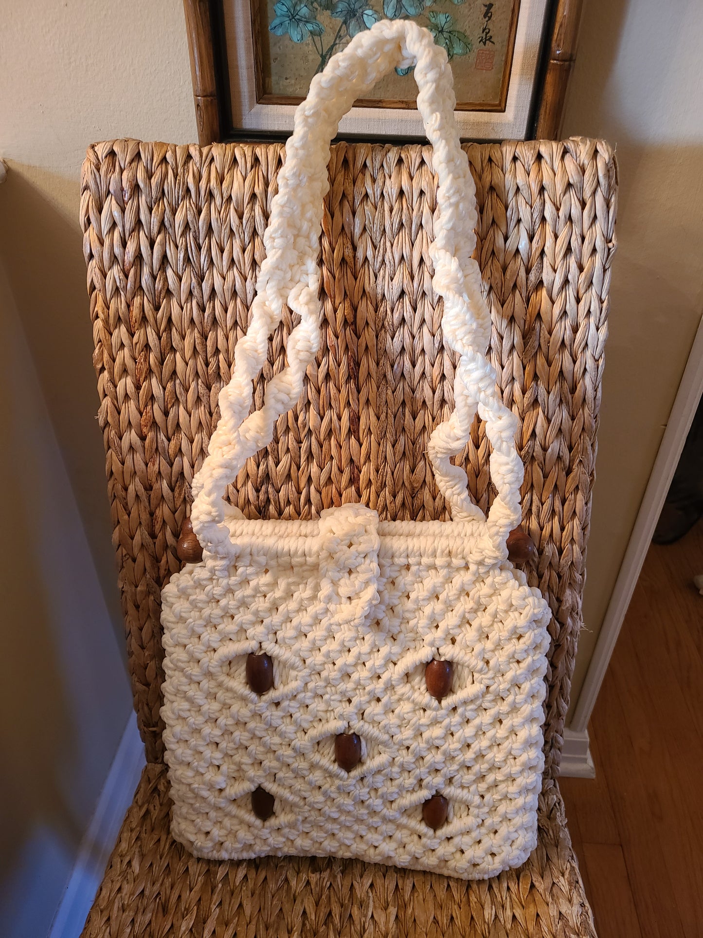 Vintage Boho Crochet White and Wood Bead Accent Shoulder Bag