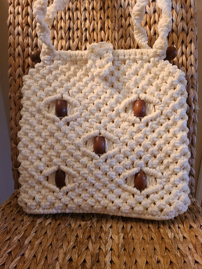 Vintage Boho Crochet White and Wood Bead Accent Shoulder Bag