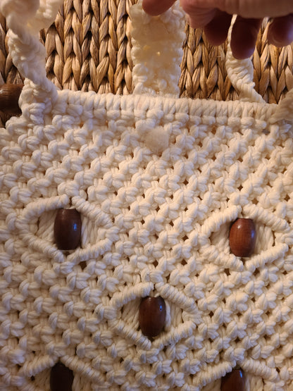 Vintage Boho Crochet White and Wood Bead Accent Shoulder Bag