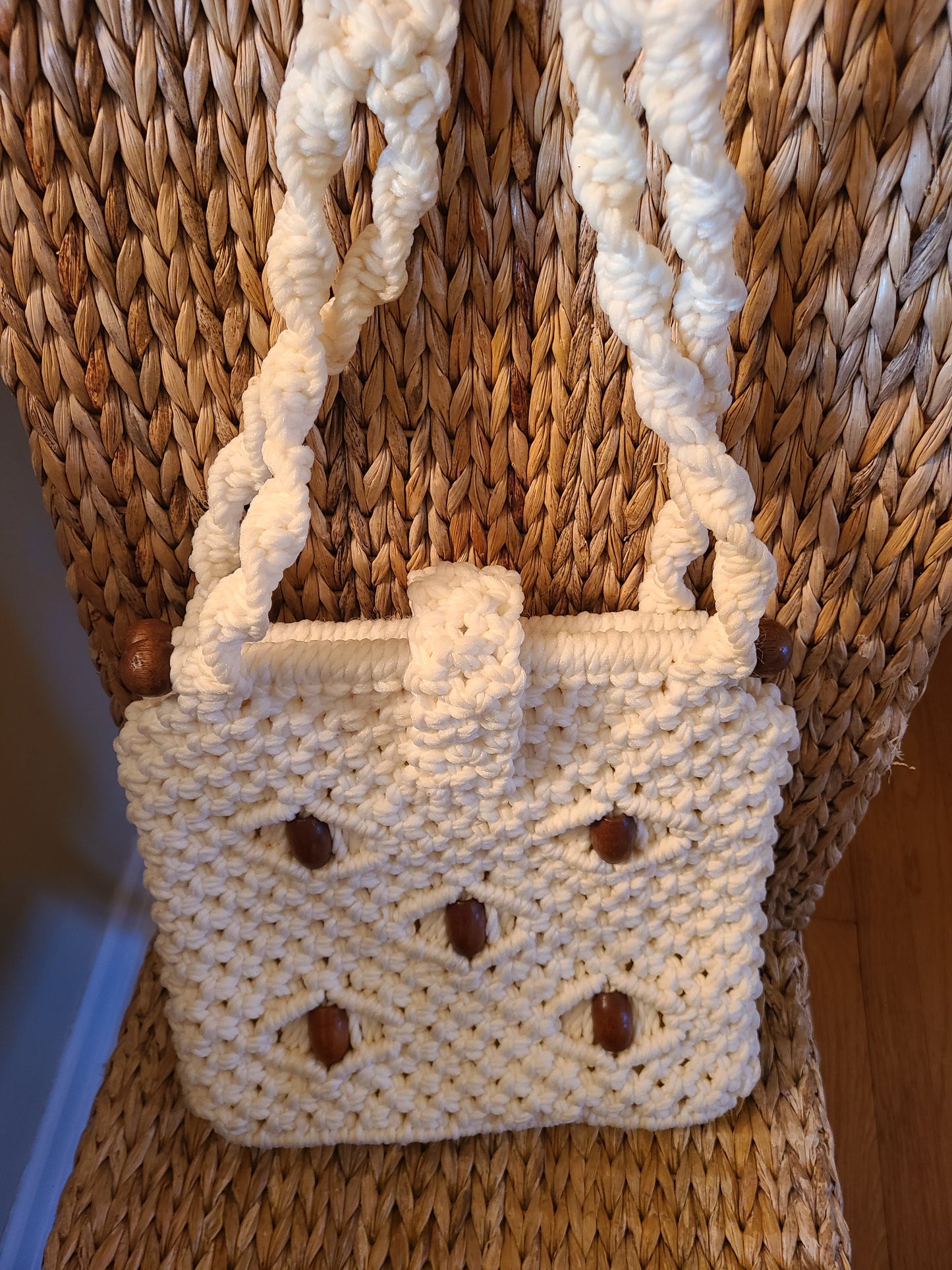 Vintage Boho Crochet White and Wood Bead Accent Shoulder Bag