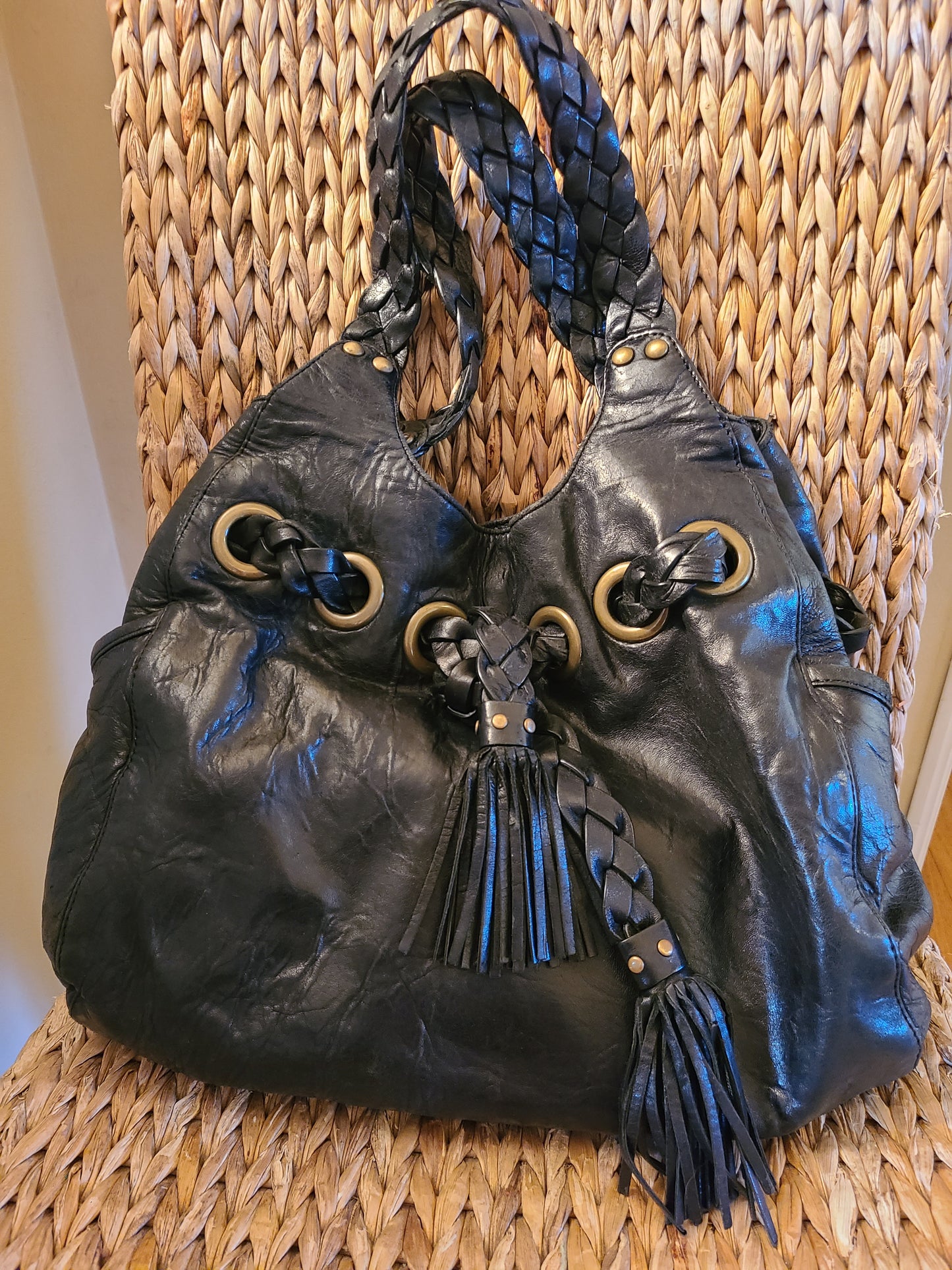 Vintage Kooba Black Leather Boho Shoulder Bag