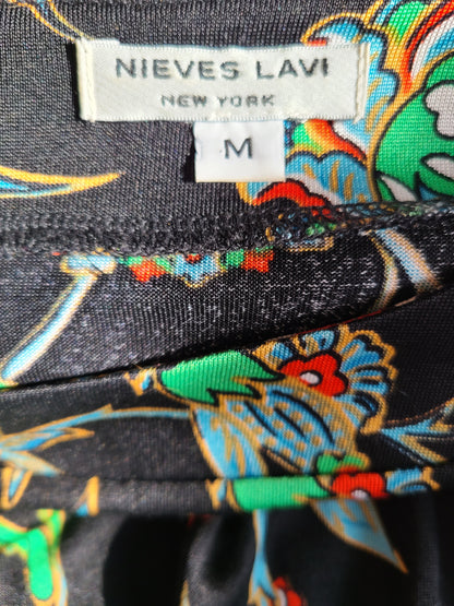 Vintage | Nieves Lavi Drop Waist Print on Black Dress | Size M
