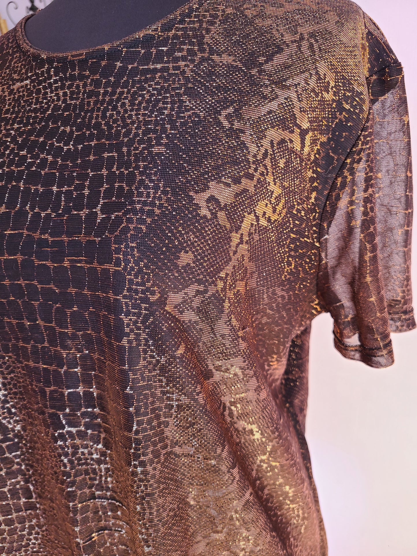 VINTAGE | Lindor Bronze Metallic Snake Print Blouse | Size PXL