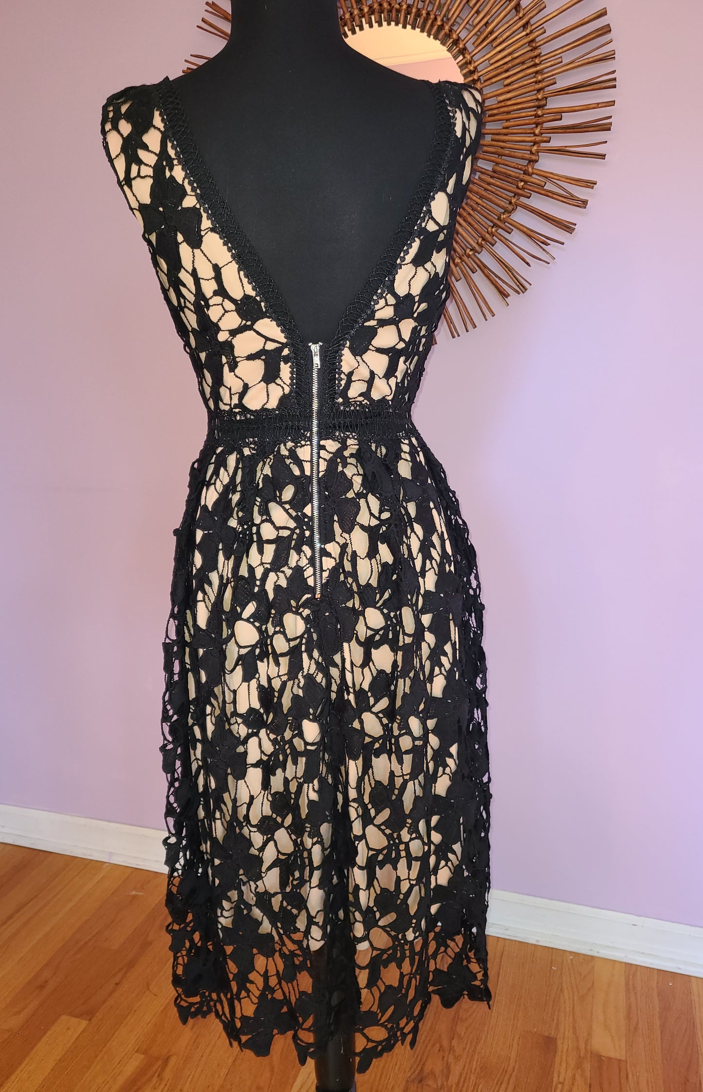 Aqua for Bloomingdales Black Lace Nude Illusion Dress | Size M