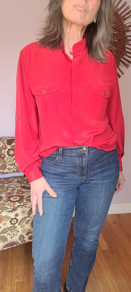 VINTAGE | SK & COMPANY Red Tab Collar Blouse | Size 14