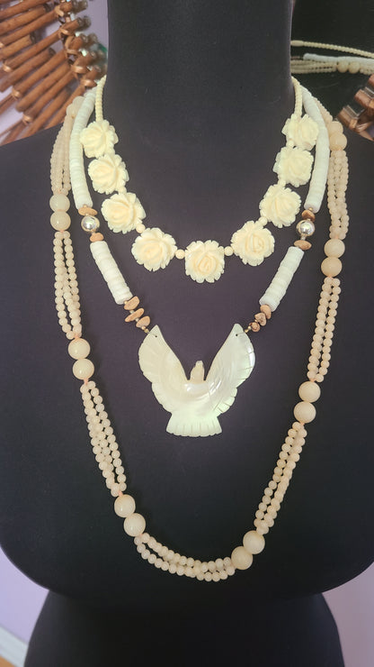 Boho Mother of Pearl Carved Dove Necklace