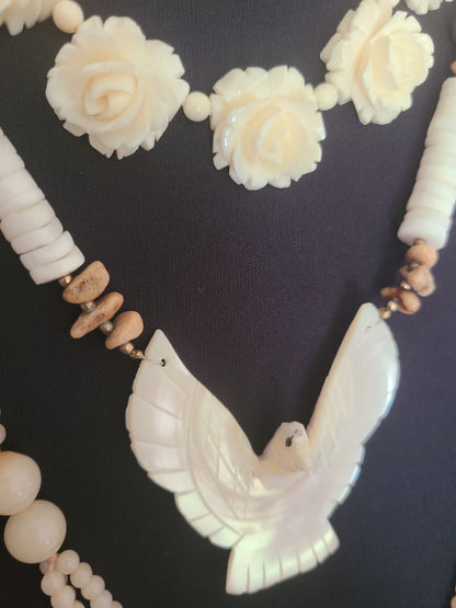 Boho Mother of Pearl Carved Dove Necklace