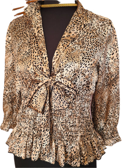 Y2K| CHEETAH Print Front Bow Blouse | Size Large