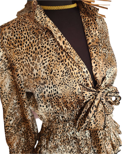 Y2K| CHEETAH Print Front Bow Blouse | Size Large
