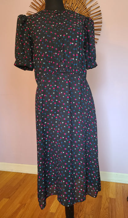 VINTAGE | Sheer Navy Print Midi Dress | Size 13-14