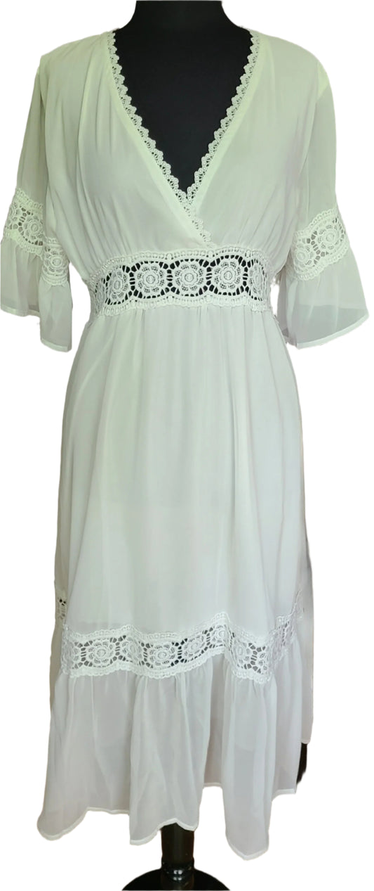 VINTAGE White Polyester Lace Insert Dress | Size Small