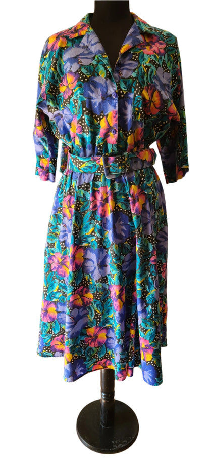 VINTAGE Floral Pattern Cotton Shirt Dress Size 11/12 (Medium)