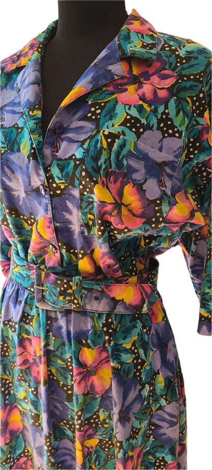 VINTAGE Floral Pattern Cotton Shirt Dress Size 11/12 (Medium)