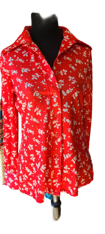 VINTAGE Red and White Print Polyester Blouse