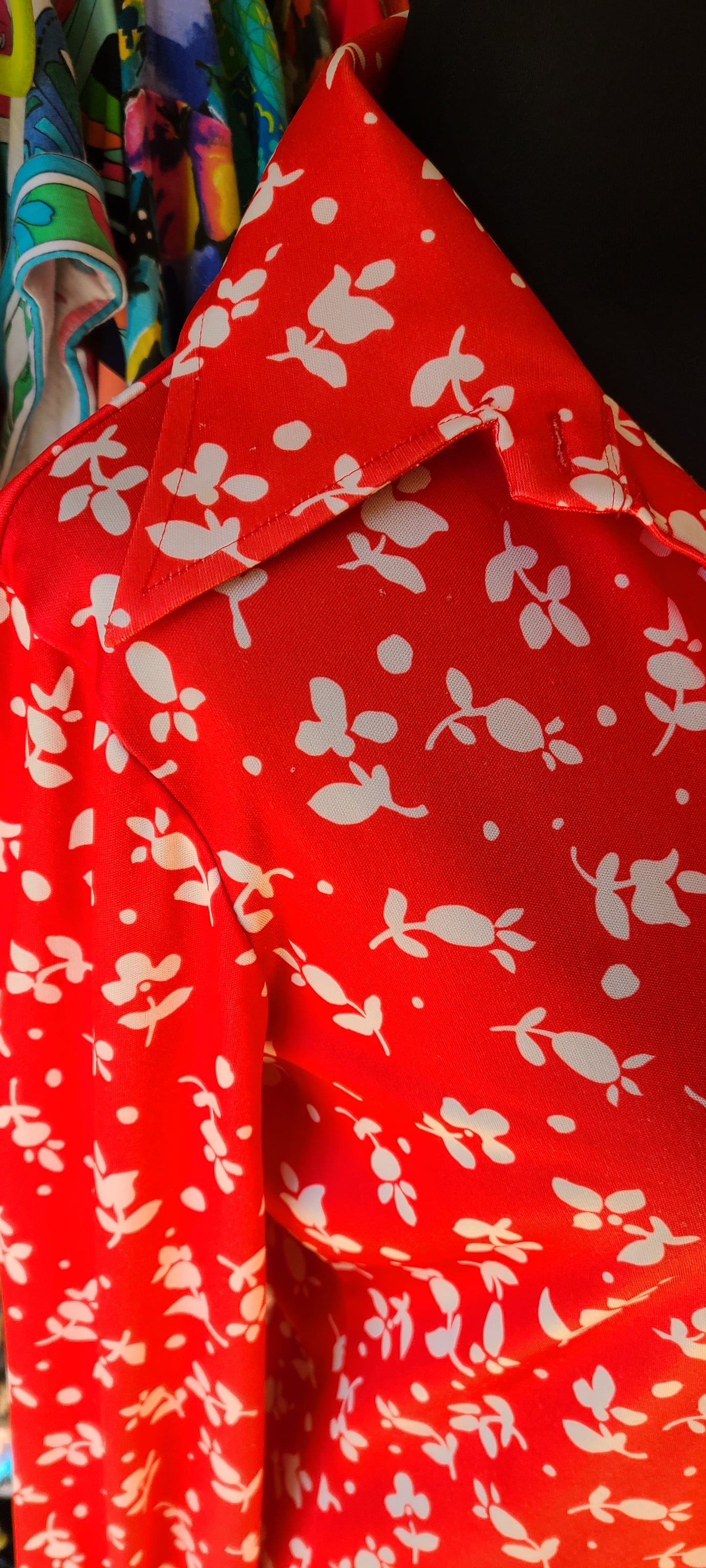 VINTAGE Red and White Print Polyester Blouse