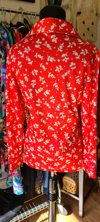 VINTAGE Red and White Print Polyester Blouse