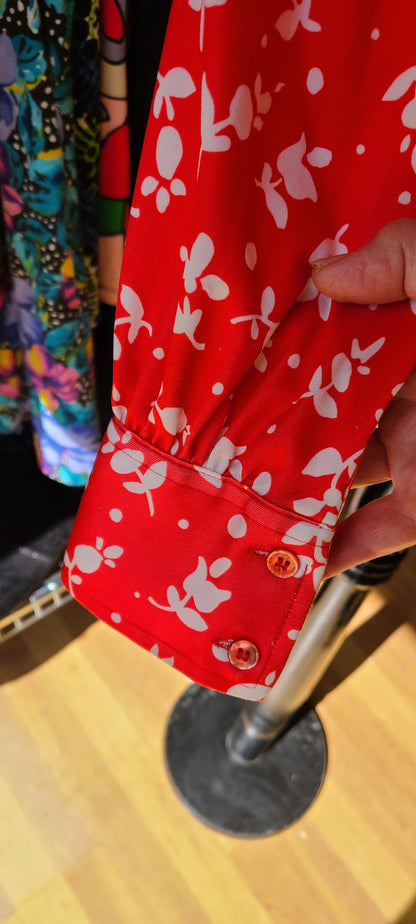 VINTAGE Red and White Print Polyester Blouse