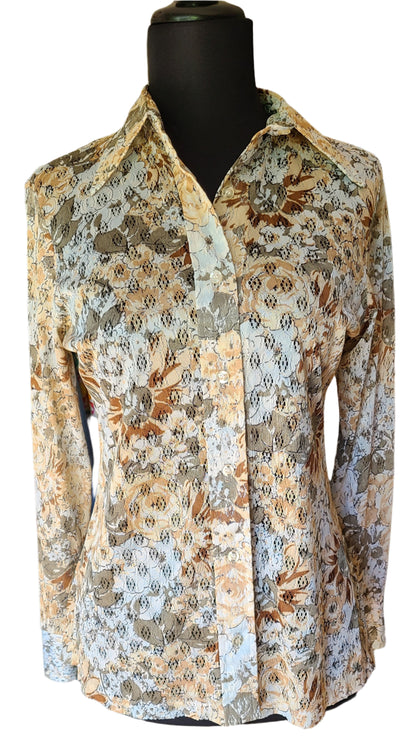 VINTAGE Sheer 70s Long Sleeve Blouse | Size M