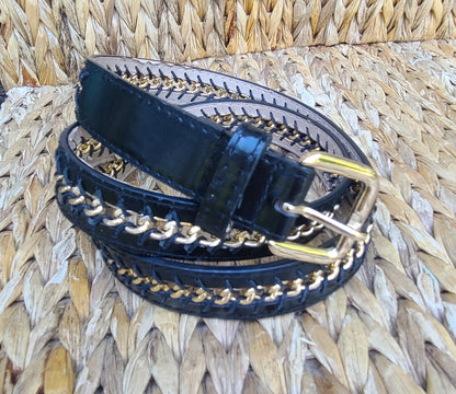 Black leather belt, chain link detail black leather belt