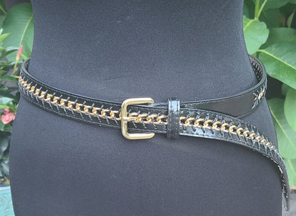 Black Leather and Chain Detail Belt | Size Large