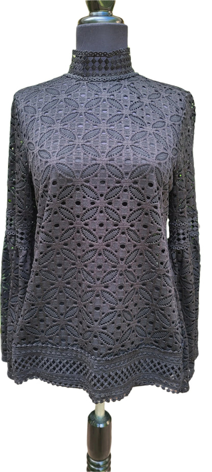 Pointelle Black Lace Long Sleeve Blouse | Size Medium