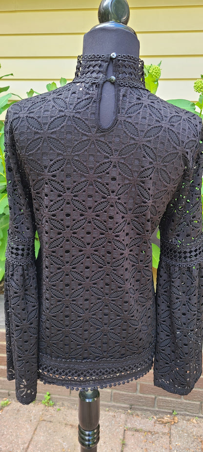 Pointelle Black Lace Long Sleeve Blouse | Size Medium