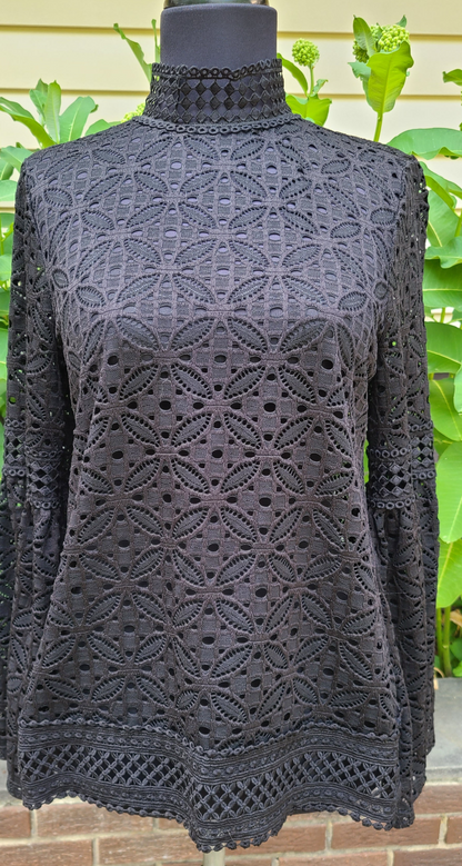 Pointelle Black Lace Long Sleeve Blouse | Size Medium